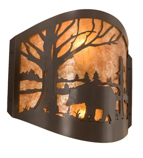 The call of the wild comes to light with a majestic Bear roaming around the woodland lake. Beautiful ambient light shines through the beautiful Amber Mica lens while the fixture is enhanced with accents and hardware featured in a Timeless Bronze finish. The wall sconce can be installed in dining rooms and entryways in residential, hospitality, and commercial spaces. The Bear at Lake Wall Sconce is featured in our American-made, American-designed, handcrafted Wildlife Lighting Collection. This fixture is manufactured in Yorkville, New York. It is UL and cUL listed for dry and damp locations. Upstate New York's adventurous playland, known as the Adirondack Mountains, with its many breathtaking forests, lakes, and rivers, is the spiritual birthplace of Meyda and inspires our rustic-themed mica collections. Collection: Bear At Lake Finish: Timeless Bronze Glass: Amber Mica Width: 12.00" Height: 11.00" Length: 4.00" Weight: 2.00 lb Extension from Wall: 4.00" Number of Bulbs: 2 Maximum Wattage: 60.00 W Bulb Type: A19 Bulb Base: E26 Material: Steel Country of Origin: USA Safety Listing: Damp Safety Rating: Damp - alternate view