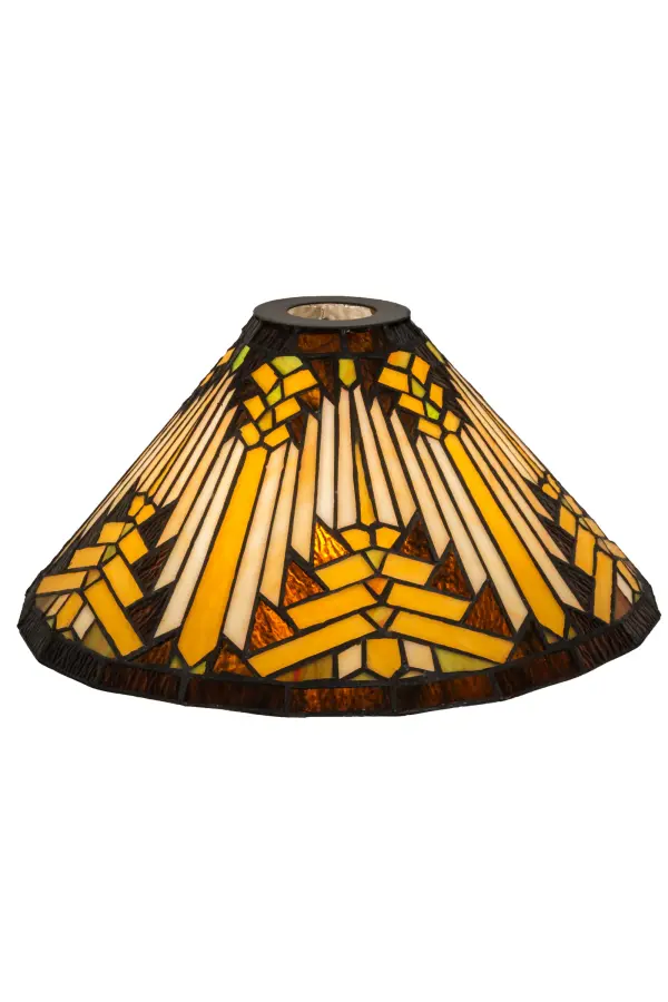 Like gazing out your window across the warm desert at sunset; interlocking tiles of Sand tone Beige glows behind the sun glistened Orange; Amber Green and Brown rays. All this is surrounded by a Root Brown border. The stunning shade is created using the famous Meyda Tiffany copperfoil construction method. The shade can be paired with a base to create a stunning table/floor lamp or with hardware to build a beautiful ceiling fixture.