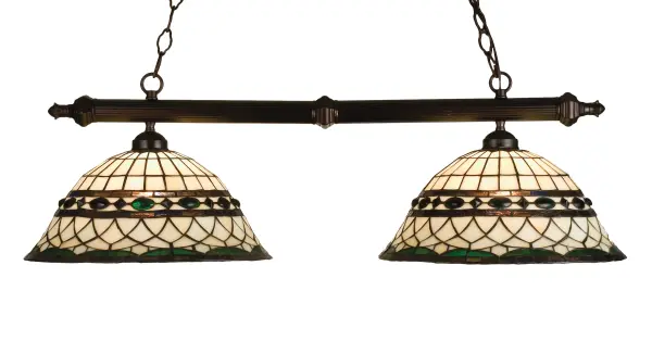 Emerald-colored jewels and Multi colored granite glass; accent the handsome Amber Beige art glass reproduction of a famous Louis ComfortTiffany design. This Tiffany Roman shade is Inspired by Italian art an architecture and is handcrafted of authentic stained glass by Meyda Tiffany artisans using a copperfoil construction method . The Two Light Bar hardware is finished in a hand appl ied Mahogany Bronze. "