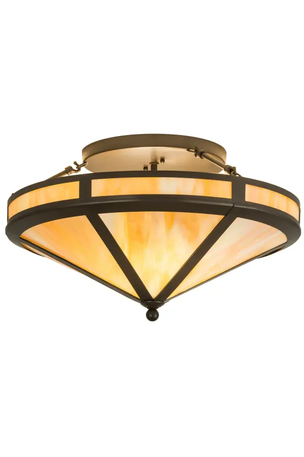 Evocative of the American Craftsman Design Movement. This handsome ceiling fixture will add warmth and authentic appeal to interior spaces while creating a visually pleasing experience with welcoming ambient light. A stunning Beige Iridescent Glass diffuser is complemented with a Timeless Bronze finish. Handcrafted by highly skilled artisans in our 180,000 square foot manufacturing facility in Yorkville, New York. Shade colors, metal finishes and fixture sizes can be customized to your needs. UL and cUL listed for dry and damp locations. Collection: Craftsman Finish: Timeless Bronze Glass: Beige Iridescent Glass Width: 22.00" Height: 12.00" Length: 22.00" Weight: 12.50 lb Number of Bulbs: 2 Maximum Wattage: 60.00 W Bulb Type: A19 Bulb Base: E26 Material: Steel Country of Origin: USA Safety Listing: Damp Safety Rating: Damp