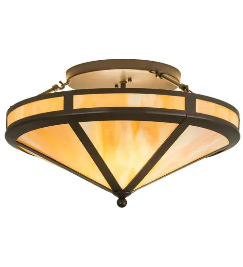 Evocative of the American Craftsman Design Movement. This handsome ceiling fixture will add warmth and authentic appeal to interior spaces while creating a visually pleasing experience with welcoming ambient light. A stunning Beige Iridescent Glass diffuser is complemented with a Timeless Bronze finish. Handcrafted by highly skilled artisans in our 180,000 square foot manufacturing facility in Yorkville, New York. Shade colors, metal finishes and fixture sizes can be customized to your needs. UL and cUL listed for dry and damp locations. Collection: Craftsman Finish: Timeless Bronze Glass: Beige Iridescent Glass Width: 22.00" Height: 12.00" Length: 22.00" Weight: 12.50 lb Number of Bulbs: 2 Maximum Wattage: 60.00 W Bulb Type: A19 Bulb Base: E26 Material: Steel Country of Origin: USA Safety Listing: Damp Safety Rating: Damp - alternate view
