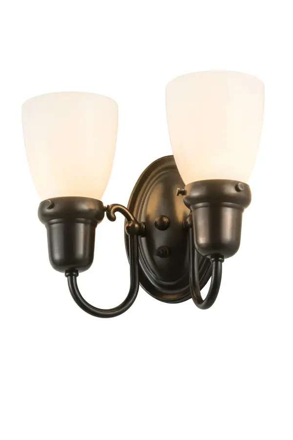 Recreating a golden era of style and charm, this fixture is inspired by Revival-styled homes in Atlantic Heights in Portsmouth, New Hampshire, to Flatbush, Brooklyn, New York, to Brady Heights in Tulsa, Oklahoma. The exquisite Revival wall fixture impresses with two Goblet-styled shades in White Opal blown-glass. The shade is embraced by hardware and decorative accents crafted with the exact details of old-world workmanship. This fixture features a handsome Craftsman Brown finish. The fixture is ideal for illuminating walls in corridors and other spaces in residential and hospitality settings. The Revival Goblet 2 Light Wall Sconce is included in our American-made, American-designed Revival Lighting Collection. Manufactured in Yorkville, New York. UL and cUL listed for dry and damp locations. Collection: Revival Finish: Craftsman Brown Glass: White Opal Glass Width: 10.00" Height: 8.50" Length: 5.00" Weight: 1.50 lb Extension from Wall: 5.00" Number of Bulbs: 2 Maximum Wattage: 60.00 W Bulb Type: B10 Bulb Base: E26 Light Source: LED Color Temperature: 3000 K Material: Metal Country of Origin: USA Safety Listing: Damp Safety Rating: Damp LED