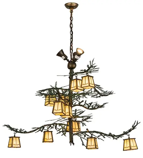 Like a guardian of the forest stretching towards the heavens, noble Pine Tree metal branches burgeon with handpainted Green needles that wheedle their bouquet from its strong metal tree trunk. Invite the natural charm of the American woodlands to create a dramatic design statement in a camp, lodge, home, cabin or business with this astonishing chandelier.Beautiful ambient light radiates from 12 stunning Beige Iridescent art glass lanterns revealing an abstract Arts & Crafts style complemented with hardware and decorative accents in an Antique Copper finish. Dramatic uplighting on the ceiling evokes from 3 Customer supplied, Medium Base MR16 Halogen lamps while 12 Medium Base G9 JCD lamps bring out the beauty of the art glass. Made in USA. Collection: Pine Branch Finish: Antique Copper/Green Glass: Beige Iridescent Width: 52.00" Height: 40.00" Length: 52.00" Weight: 31.00 lb Number of Bulbs: 12 Maximum Wattage: 60.00 W Bulb Type: T4 JCD Bulb Base: G9 Material: Steel Country of Origin: USA Safety Listing: Damp Safety Rating: Damp - alternate view