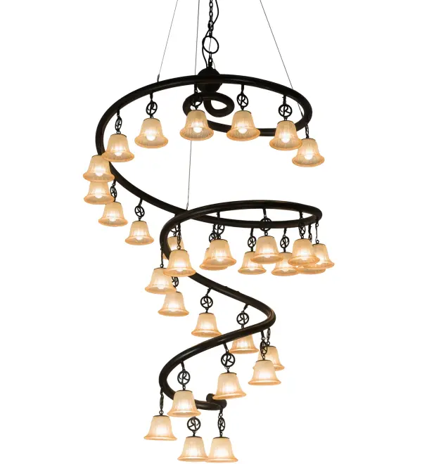 The bold, eye-catching Zikloi Chandelier simulates whirling winds of energy like a cyclone of twisting steel that is accentuated with 30 delicately placed beacons featured in Beige Art Glass to help you weather the storm. The winding steel frame is featured in a Solar Black finish. Make an impressive design statement to wow guests in lobbies, conference rooms, entryways and other residential and commercial spaces. The overall height of this pendant ranges from 100 to 192 inches as the chain length can be easily adjusted in the field to accommodate specific lighting application needs. Handcrafted in our 180,000 square foot manufacturing facility in Yorkville, NY. Custom options available. UL and cUL listed for damp and dry locations. Collection: Zikloi Finish: Solar Black Glass: Beige Fluted Glass Width: 60.00" Height: 112.00" Length: 60.00" Weight: 160.00 lb Extension from Wall: 8.50" Number of Bulbs: 30 Maximum Wattage: 12.00 W Bulb Type: A15 Bulb Base: E26 Light Source: LED Material: Steel Country of Origin: USA Safety Listing: Damp Safety Rating: Damp LED