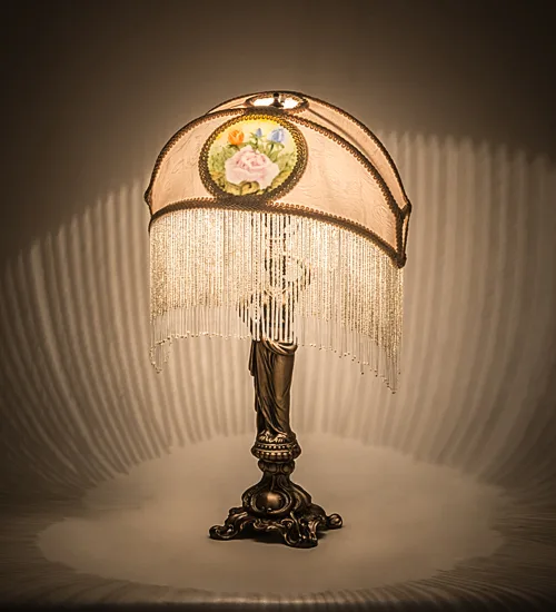 20"H Reverse Painted Roses Fabric with Fringe Table Lamp