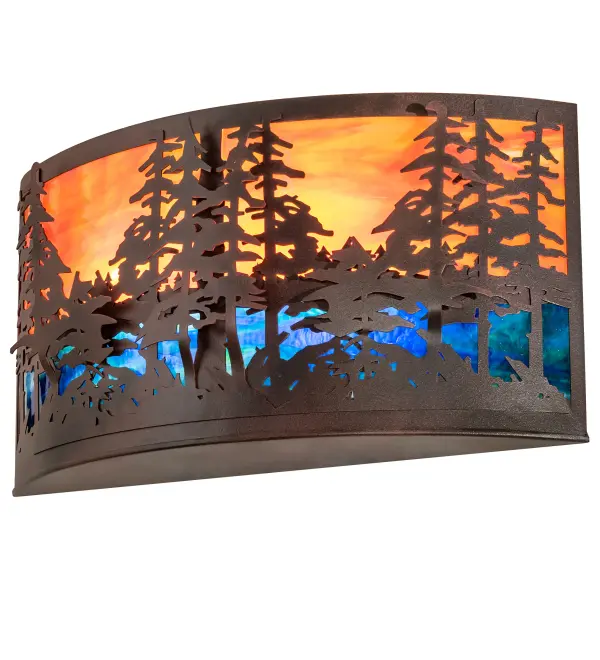 Above the Blue-Green art glass water's edge with waves of shimmering light, a mesmerizing stand of grand Tall Pine trees overlook as the warm brilliant sun shines in the sunset sky featuring a brilliant Sunburst colored glass. The curved wall sconce is complemented with decorative accents and frame featured in a Rusted Wrought Iron finish. Custom crafted by highly skilled artisans, the wall fixture is created in our manufacturing facility at the foothills of the spectacular Adirondack Mountains in the USA. Custom styles, sizes and colors are available, as well as dimmable energy-efficient lamping options such as LED. The sconce is UL and cUL listed for damp and dry locations. Collection: Tall Pines Finish: Rust/Wrought Iron Glass: Coral Aqua Width: 24.00" Height: 12.25" Length: 6.50" Weight: 14.50 lb Extension from Wall: 6.50" Number of Bulbs: 2 Maximum Wattage: 60.00 W Bulb Type: A19 Bulb Base: E26 Material: Steel Country of Origin: USA Safety Listing: Damp Safety Rating: Damp