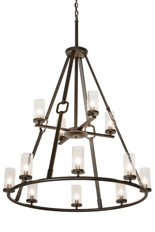 Blending an elegant style with a classic distinguished look; Loxley Hugo is custom crafted with two tiers of 12 Clear Seeded Glass Cylindres on an Oil Rubbed Bronze finished frame that features a bottom ring and an upper tier crossbar. The chandelier is ideal for illuminating lobbies; conference rooms; entryways and other large residential and commercial spaces. Loxley is handcrafted by highly skilled artisans in the USA in our manufacturing facility in Yorkville; New York. Custom colors; styles and sizes are available; as well as dimmable energy efficient lamping options. The Grand styled fixture is UL and cUL listed for damp and dry locations.