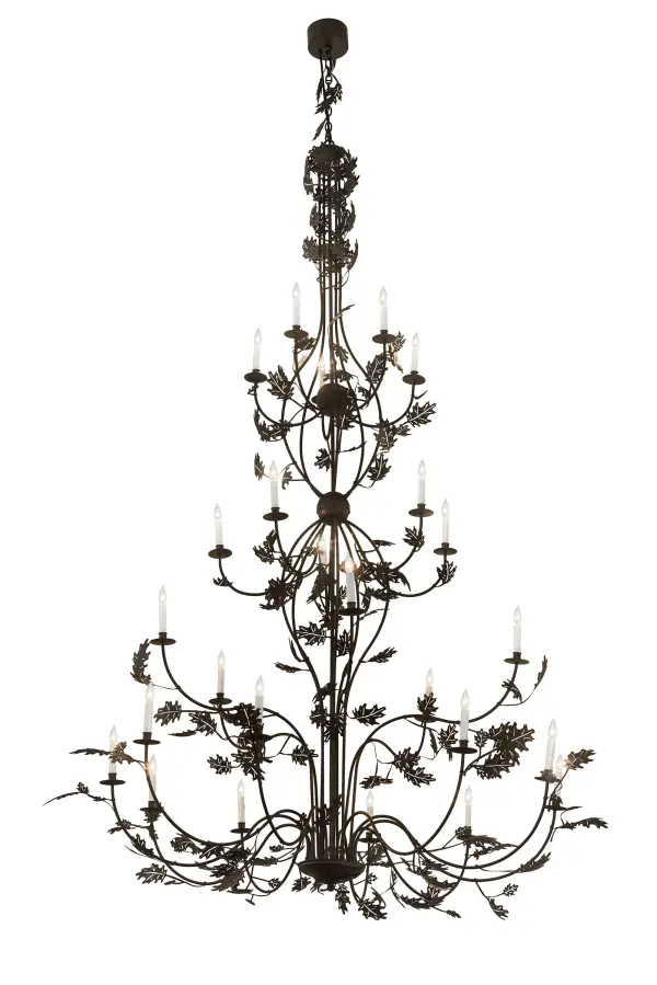 Oak Leaves appear to dance joyfully among the light. Rustic charm is revealed with this nature inspired chandelier as Textured Black finished Oak leaves flourish from branch-like arms that adorn 25 Ivory faux candlelights. This massive; elaborate 4-tiered fixture is ideal for illuminating foyers; entryways and any room where you want to make a design statement. Overall height ranges from 121 to 217 inches as the chain length can be adjusted in the field. Chandelier can be lowered with the Aladdin Light Lift for cleaning and maintenance. Made to Order in our 180;000 square foot manufacturing facility in Yorkville; NY. Candlelight colors; metal finishes and chandelier sizes can be customized. UL and cUL listed for dry and damp locations.