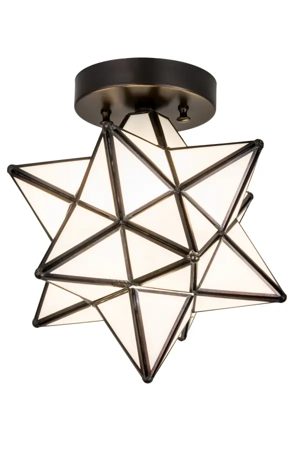 Like wishing upon a magical star in the sky... Grace your home with this timeless ceiling fixture. Dating back hundreds of years in Europe; the Star was used to protect homes and bring good luck to families. This unique fixture features a star-styled Clear Seeded Glass shade; which is created with a dozen points of light. The stunning shade is crafted using the famous Meyda Tiffany Brass Channel Construction technique and is complemented by an Oil Rubbed Bronze finish. This flush mount is ideal for illuminating hallways; entryways; and rooms with low ceilings. The Moravian Star Flush Mount is part of our American-designed; handcrafted Moravian Star Collection. he fixture is UL and cUL listed for use in both damp and dry locations & UL wet-rated options are available.