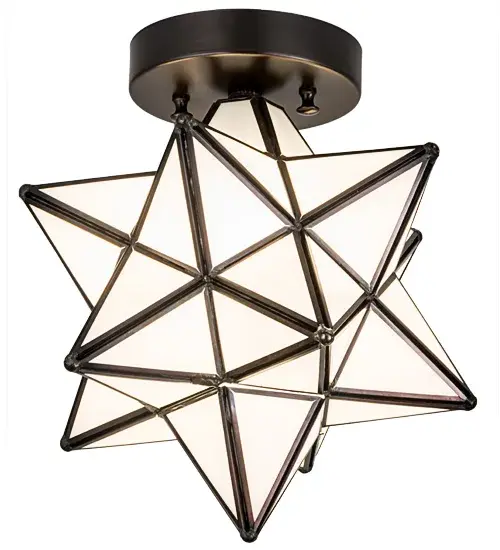 Like wishing upon a magical star in the sky... Grace your home with this timeless ceiling fixture. Dating back hundreds of years in Europe; the Star was used to protect homes and bring good luck to families. This unique fixture features a star-styled Clear Seeded Glass shade; which is created with a dozen points of light. The stunning shade is crafted using the famous Meyda Tiffany Brass Channel Construction technique and is complemented by an Oil Rubbed Bronze finish. This flush mount is ideal for illuminating hallways; entryways; and rooms with low ceilings. The Moravian Star Flush Mount is part of our American-designed; handcrafted Moravian Star Collection. he fixture is UL and cUL listed for use in both damp and dry locations & UL wet-rated options are available. - alternate view