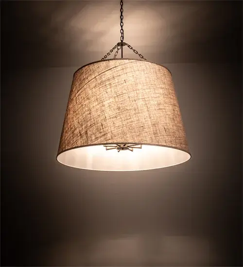 Designed with a round profile and a clean architectural look. This casually elegant ceiling pendant defines a sophisticated aesthetic. This Beige Textrene shade is and complemented with hardware in a Golden Bronze finish. The overall height of this pendant ranges from 46 to 105 inches as the chain length can be easily adjusted in the field to accommodate your specific lighting application needs. Custom crafted by highly skilled artisans in our 180;000 square foot manufacturing facility in Yorkville; New York. UL and cUL listed for dry and damp locations however we do not recommend installing it in spaces that experience a large amount of moisture due to the fabric shade.
