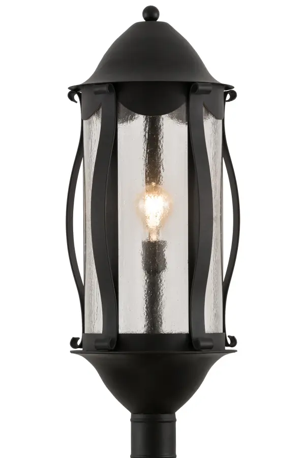 Blending European charm with old world styling; Auvillar is an ideal Post Top lantern. Ideal for fine interior and exteriors; this lovely fixture features a Clear Seeded Glass lens which is complemented with a decorative frame and hardware in an Old Wrought Iron finish. The fixture is custom crafted in the USA. Custom sizes; colors and styles are available; as well as dimmable energy-efficient lamping options such as LED. The 13-inch wide fixture is UL and cUL listed for dry; damp and wet locations.