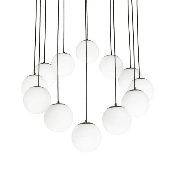 Inspired by a cluster of balloons displayed at county fairs and street festivals. Twelve White Glass Orbs cascade down for a striking ethereal effect. All of the decorative spherical elements are enhanced with a Bronze finish. For beautiful ambient illumination; place this cascading pendant in an entryway or stairwell in residential and hospitality locations from Coral Springs; Florida; to Eden Prairie; Minnesota; to Palm Desert; California. The overall height ranges from 11 to 144 inches; as the cord lengths can be adjusted in the field to accommodate your specific lighting application needs. The Bola Cascading Pendant is featured in our American-made; American-designed; handcrafted Contemporary Lighting Collection and manufactured in Yorkville; NY. UL & cUL listed for dry and damp locations.