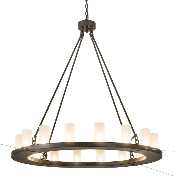 Blending an elegant style with a classic distinguished look, Loxley is custom crafted with 16 Clear Frosted Glass/Interecciati Idalight Cylindres perched on a smooth circular ring. The frame and hardware are featured, in a Timeless Bronze finish. The chandelier illuminates with 16 customer-supplied 5-watt LED lamps for energy efficiency and includes 4 12-foot Anti-Sway Cables and additional Wall Hardware to which they are secured. The chandelier is ideal for illuminating lobbies, conference rooms, entryways and other large residential and commercial spaces. Handcrafted by our artisans in the USA. Custom colors, styles, sizes & dimmable energy efficient lamping options offered. UL and cUL listed for damp and dry locations. Collection: Loxley Finish: Timeless Bronze Glass: Frosted Clear Glass Width: 48.00" Height: 53.00" Length: 48.00" Weight: 90.00 lb Number of Bulbs: 16 Maximum Wattage: 40.00 W Bulb Type: B11 Bulb Base: E26 Material: Steel Country of Origin: USA Safety Listing: Damp Safety Rating: Damp