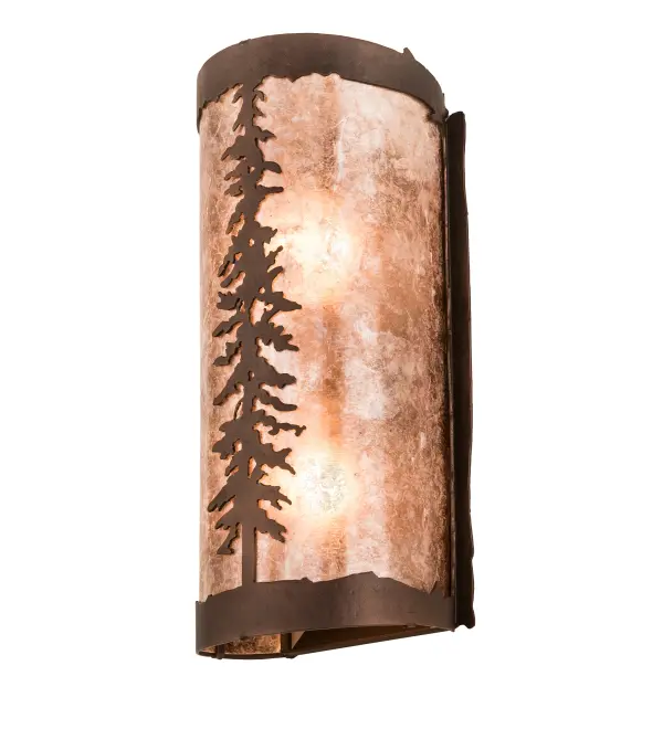 A stunning nature inspired design of a Tall Pine tree is depicted stretching towards the heavens as the mid-morning sun shines brilliantly. Soft ambient light is diffused upward and downward beautifully through a stunning Silver Mica lens which is complemented with a Mahogany Bronze finish. The ADA Compliant Tall Pine Wall Sconce is featured in our American made, American designed handcrafted Rustic Lighting Collection. Manufactured in Yorkville, New York. UL and cUL listed for dry and damp locations. Collection: Tall Pines Finish: Mahogany Bronze Glass: Silver Mica Width: 5.00" Height: 12.00" Length: 4.00" Weight: 2.00 lb Extension from Wall: 4.00" Number of Bulbs: 2 Maximum Wattage: 9.00 W Bulb Type: A19 Bulb Base: E26 Light Source: LED Material: Steel Country of Origin: USA Safety Listing: Damp Safety Rating: Damp LED