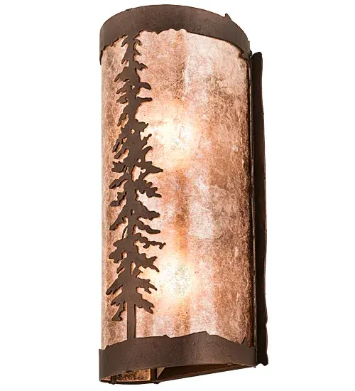 A stunning nature inspired design of a Tall Pine tree is depicted stretching towards the heavens as the mid-morning sun shines brilliantly. Soft ambient light is diffused upward and downward beautifully through a stunning Silver Mica lens which is complemented with a Mahogany Bronze finish. The ADA Compliant Tall Pine Wall Sconce is featured in our American made, American designed handcrafted Rustic Lighting Collection. Manufactured in Yorkville, New York. UL and cUL listed for dry and damp locations. Collection: Tall Pines Finish: Mahogany Bronze Glass: Silver Mica Width: 5.00" Height: 12.00" Length: 4.00" Weight: 2.00 lb Extension from Wall: 4.00" Number of Bulbs: 2 Maximum Wattage: 9.00 W Bulb Type: A19 Bulb Base: E26 Light Source: LED Material: Steel Country of Origin: USA Safety Listing: Damp Safety Rating: Damp LED - alternate view