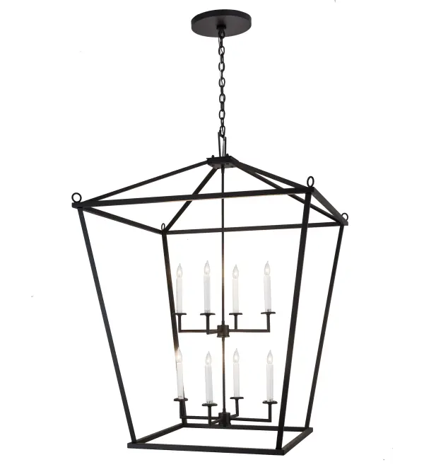 A sophisticated architecturally styled fixture is designed with a pizazz that is unique, fresh and stylish. Give your decor an extra edge with this breathtaking fixture, which is highlighted with a tapered metal structure. Beautiful ambient illumination is delivered by 8 Amber faux candlelights. The hardware and frame are featured in a handsome Texture Black finish. Handmade in our 180,000 square foot manufacturing facility in Yorkville, New York Available in custom sizes, styles and finishes, as well as dimmable energy efficient lamping options. UL and CUL listed for dry and damp locations. Collection: Kitzi Finish: Textured Black Glass: Black Metal Finish Width: 51.00" Height: 52.75" Length: 36.00" Weight: 44.00 lb Number of Bulbs: 8 Maximum Wattage: 60.00 W Bulb Type: BA9 Bulb Base: E12 Material: Steel Country of Origin: USA Safety Listing: Damp Safety Rating: Damp
