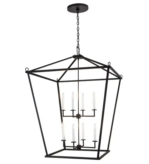 A sophisticated architecturally styled fixture is designed with a pizazz that is unique, fresh and stylish. Give your decor an extra edge with this breathtaking fixture, which is highlighted with a tapered metal structure. Beautiful ambient illumination is delivered by 8 Amber faux candlelights. The hardware and frame are featured in a handsome Texture Black finish. Handmade in our 180,000 square foot manufacturing facility in Yorkville, New York Available in custom sizes, styles and finishes, as well as dimmable energy efficient lamping options. UL and CUL listed for dry and damp locations. Collection: Kitzi Finish: Textured Black Glass: Black Metal Finish Width: 51.00" Height: 52.75" Length: 36.00" Weight: 44.00 lb Number of Bulbs: 8 Maximum Wattage: 60.00 W Bulb Type: BA9 Bulb Base: E12 Material: Steel Country of Origin: USA Safety Listing: Damp Safety Rating: Damp - alternate view