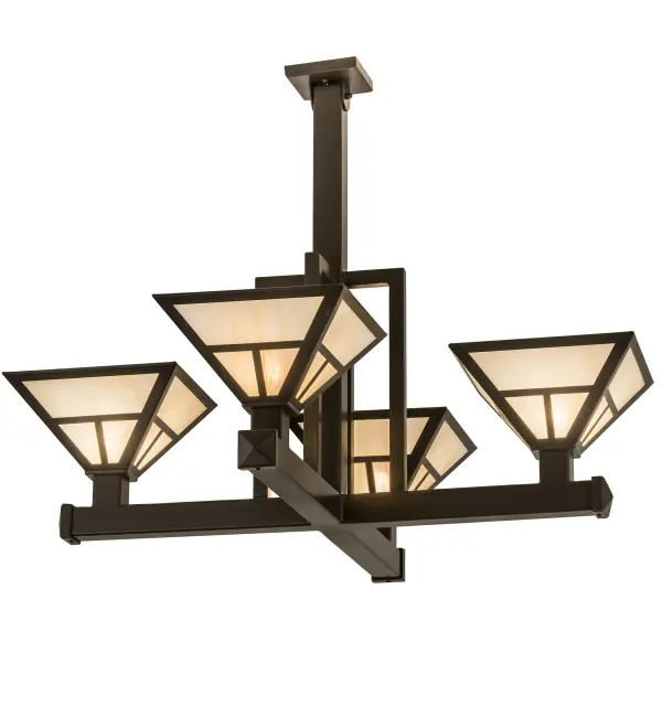 A handsome Mission T pattern adorns this striking Craftsman Signature Ceiling Fixture. Handmade with four Sahara Taupe Idalight inverted shades that are complemented with a frame; accents; and hardware in a Timeless Bronze finish. Handcrafted by highly skilled artisans in our 180;000 square foot manufacturing facility in the USA. Dimmable energy efficient lamping options are offered. Custom colors; styles and sizes are available. This pendant is UL and cUL Listed in dry and damp locations.