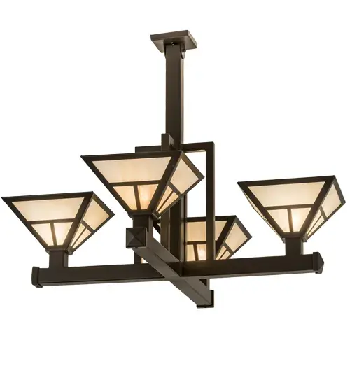 A handsome Mission T pattern adorns this striking Craftsman Signature Ceiling Fixture. Handmade with four Sahara Taupe Idalight inverted shades that are complemented with a frame; accents; and hardware in a Timeless Bronze finish. Handcrafted by highly skilled artisans in our 180;000 square foot manufacturing facility in the USA. Dimmable energy efficient lamping options are offered. Custom colors; styles and sizes are available. This pendant is UL and cUL Listed in dry and damp locations. - alternate view