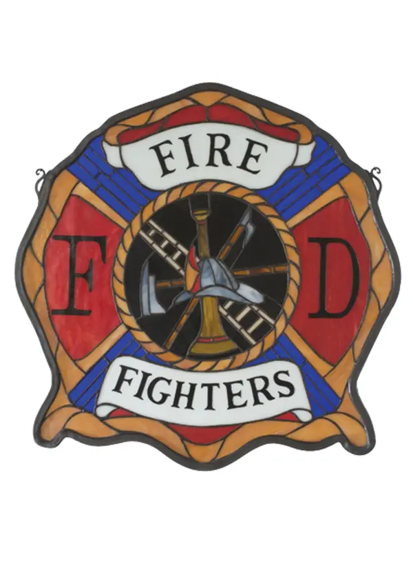 The cross of Malta is a symbol of heroism and bravery as depicted here in the firefighter's emblem. This Meyda Original Tiffany window is handcrafted of Red; White and Blue stained art glass with Honey Gold and Smoke Gray accents. This is a handsome piece of art; was created with the brave men and women who risk their lives to rescue us and our homes; in mind. Brass mounting bracket and chains are included.