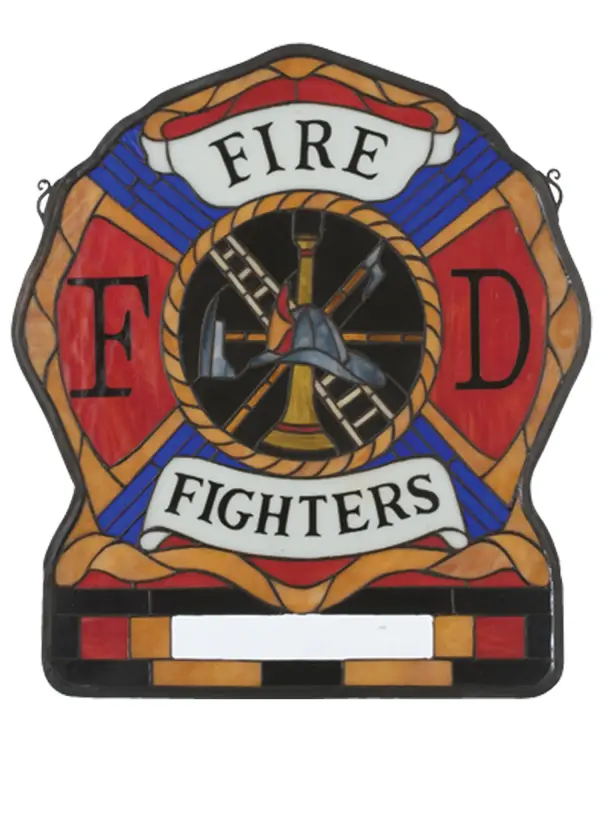 The Firefighter Logo symbolizes heroism and bravery; as depicted in the Fireman's Shield in this personalized stained glass window. This Personalized Tiffany window is handcrafted of Red; White; and Blue stained art glass with Honey Gold and Smoke Gray accents and features the phrase FIRE FIGHTERS. This handsome piece of art was created using the famous Meyda Tiffany copperfoil construction process. Brass mounting brackets and chains are included. The Personalized Fireman's Shield Stained Glass Window is included in our American-designed; handcrafted Personalized Collection. This stained glass window can be ordered by calling us and adding your business or family name for your next project. You can just customize it by adding your fire district or a hero's name. Please call for pricing and lead time.