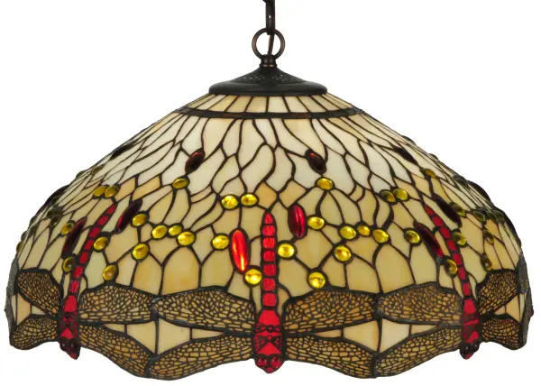 Inspired by one of Tiffany Studio's classic Dragonfly lighting masterpieces. Red dragonflies with glowing jeweled eyes and Yellow filigree wings dive over a Beige art glass background. The stunning shade is accented with Red glass and Amber glass jewels. The art glass shade is created using the famous Meyda Tiffany copperfoil construction. The overall height ranges from 16 to 51 inches, as the chain length can be adjusted in the field to meet your exact lighting requirements. The Tiffany Hanginghead Dragonfly Pendant is included in our American-designed, handcrafted Tiffany Reproduction Collection. UL and cUL listed for dry and damp locations. Each shade is a unique work of art with color variations based on natural ingredients inherent in the glass. Collection: Tiffany Hanginghead Dragonfly Finish: Mahogany Bronze Glass: Ba Fl Width: 22.00" Height: 16.00" Length: 22.00" Weight: 12.00 lb Number of Bulbs: 3 Maximum Wattage: 60.00 W Bulb Type: A19 Bulb Base: E26 Material: Steel Country of Origin: CHINA Safety Listing: Damp Safety Rating: Damp