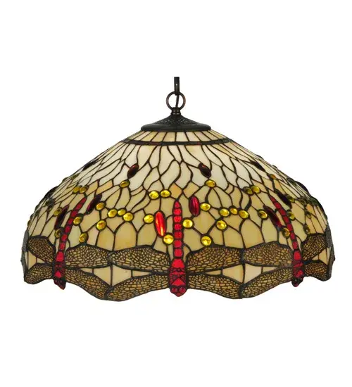 Inspired by one of Tiffany Studio's classic Dragonfly lighting masterpieces. Red dragonflies with glowing jeweled eyes and Yellow filigree wings dive over a Beige art glass background. The stunning shade is accented with Red glass and Amber glass jewels. The art glass shade is created using the famous Meyda Tiffany copperfoil construction. The overall height ranges from 16 to 51 inches, as the chain length can be adjusted in the field to meet your exact lighting requirements. The Tiffany Hanginghead Dragonfly Pendant is included in our American-designed, handcrafted Tiffany Reproduction Collection. UL and cUL listed for dry and damp locations. Each shade is a unique work of art with color variations based on natural ingredients inherent in the glass. Collection: Tiffany Hanginghead Dragonfly Finish: Mahogany Bronze Glass: Ba Fl Width: 22.00" Height: 16.00" Length: 22.00" Weight: 12.00 lb Number of Bulbs: 3 Maximum Wattage: 60.00 W Bulb Type: A19 Bulb Base: E26 Material: Steel Country of Origin: CHINA Safety Listing: Damp Safety Rating: Damp - alternate view