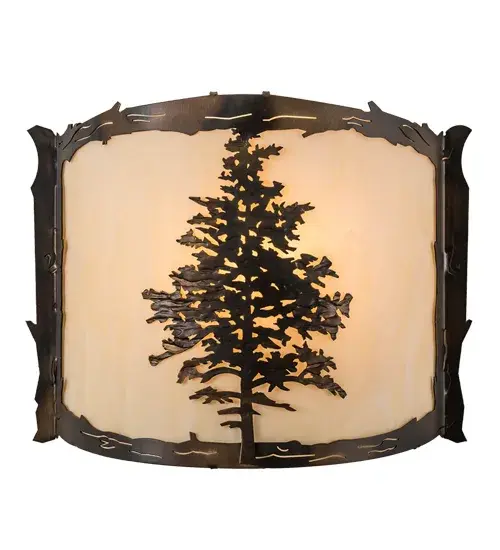 A Tamarack Pine tree designed with natural rustic charm adorns this handsome curvaceous wall sconce. Beautiful ambient light is achieved through this stunning Creme Carrare Idalight lens which is enhanced with a Dark Burnished Antique Copper finish. This ADA wall sconce is domestically produced in our Yorkville; NY 180;000 sq ft facility; at the foothills of the Adirondack Mountains. Shade colors; metal finishes and fixture sizes can be customized. UL and cUL listed for dry and damp locations. - alternate view
