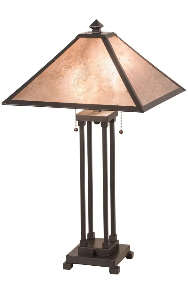 This stunning Mission-styled lamp features a handsome shade with stunning Silver Mica panels, created in the same method of combining translucent mica with shellac utilized by Dirk Van Erp in 1910. The shade is embraced by a unique, Mission-style, Timeless Bronze finished base with four sleek metal stanchions. This handsome table lamp will warm your home with the glow of beautiful ambient illumination by using two pull chains.The Sutter Table Lamp is included in our American-designed, handcrafted Mission Lighting Collection. UL and cUL listed for dry locations. Collection: Sutter Finish: Timeless Bronze Glass: Silver Mica Width: 22.50" Height: 28.00" Length: 16.00" Weight: 9.00 lb Number of Bulbs: 2 Maximum Wattage: 60.00 W Bulb Type: A19 Bulb Base: Medium Material: Steel Country of Origin: USA Safety Listing: Dry Safety Rating: Dry