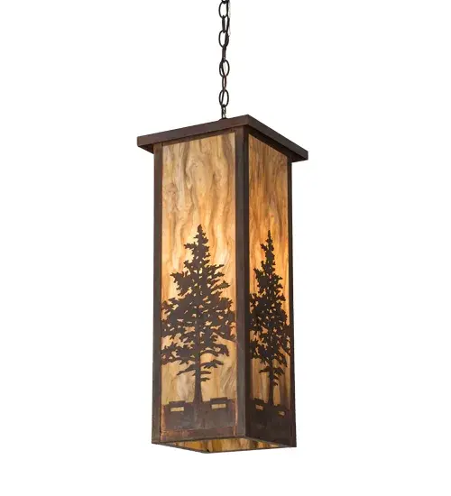 A majestic Tamarack tree is highlighted as the brilliant sun shines in the late morning sky. The Travertine Idalight diffuser complements decorative hardware handmade from Copper and Brass and featured in a stunning Vintage Copper finish. Custom crafted by highly skilled artisans; this Craftsman styled ceiling pendant is created in our manufacturing facility at the foothills of the spectacular Adirondack Mountains in Upstate NY. Custom styles; sizes; and colors are available; as well as dimmable lamping options such as LED. The 14-inch wide fixture is UL and cUL listed for damp and dry locations. - alternate view