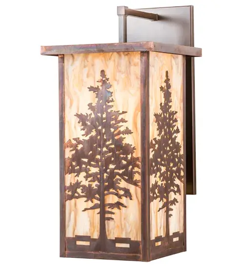 A majestic Tamarack tree is highlighted as the brilliant sun shines in the late morning sky. The Travertine Idalight diffuser complements decorative hardware handmade from Copper and Brass and featured in a stunning Vintage Copper finish. Custom crafted by highly skilled artisans; this Craftsman styled wall sconce is created in our manufacturing facility at the foothills of the spectacular Adirondack Mountains in Upstate NY. Custom styles; sizes; and colors are available; as well as dimmable lamping options such as LED. The 14-inch wide fixture is UL and cUL listed for damp and dry locations. - alternate view