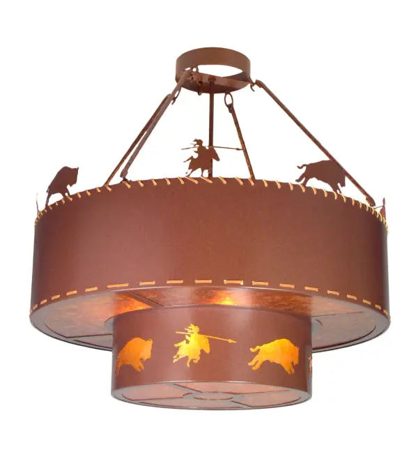 Indians on horses chase buffalo around this Wild Western inverted pendant. This fixture is handcrafted in the USA by Meyda artisans; is finished in Rust and has Amber mica panels.