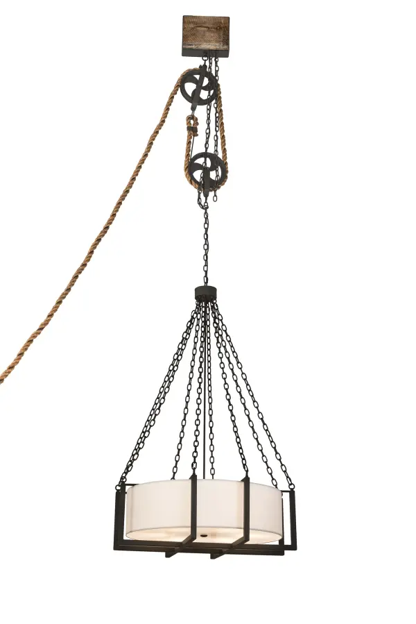 Cilindro Bartlett features a two-wheel pulley system with a rope tied-off at a wall cleat. This pendant is designed for a very unique nautical or industrial look. The chains and elaborate structural hardware are featured in a Wrought Iron finish. The diffuser is designed with White Linen and complemented with a Statuario Idalight bottom diffuser. Custom crafted in our 180;000 square foot manufacturing facility in Yorkville; NY. Available in custom sizes; finishes; and styles. Dimmable energy efficient lamping options are offered. UL and cUL listed for dry and damp locations.