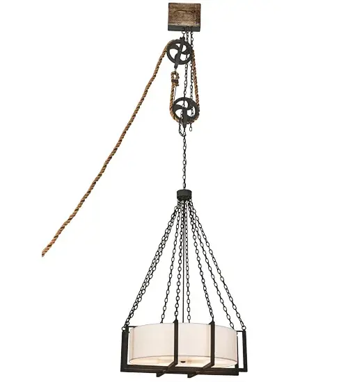 Cilindro Bartlett features a two-wheel pulley system with a rope tied-off at a wall cleat. This pendant is designed for a very unique nautical or industrial look. The chains and elaborate structural hardware are featured in a Wrought Iron finish. The diffuser is designed with White Linen and complemented with a Statuario Idalight bottom diffuser. Custom crafted in our 180;000 square foot manufacturing facility in Yorkville; NY. Available in custom sizes; finishes; and styles. Dimmable energy efficient lamping options are offered. UL and cUL listed for dry and damp locations. - alternate view