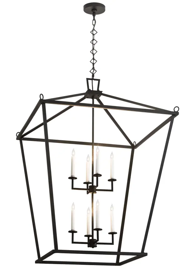A sophisticated architecturally styled fixture is designed with a pizazz that is unique, fresh and stylish. Give your decor an extra edge with this breathtaking fixture, which is highlighted with a tapered metal structure. Beautiful ambient illumination is delivered by two Amber 4-light faux candelabras, a total of 8 faux candlelights. The hardware and frame are featured in a handsome Black Textured finish. Handcrafted in the USA, Kitzi is available in custom sizes, styles and finishes, as well as dimmable energy efficient lamping options. The 36-inch wide fixture is UL and CUL listed for dry and damp locations. Collection: Kitzi Finish: Textured Black Glass: Black Metal Finish Width: 51.00" Height: 55.00" Length: 36.00" Weight: 41.00 lb Number of Bulbs: 8 Maximum Wattage: 60.00 W Bulb Type: BA9 Bulb Base: E12 Material: Steel Country of Origin: USA Safety Listing: Damp Safety Rating: Damp