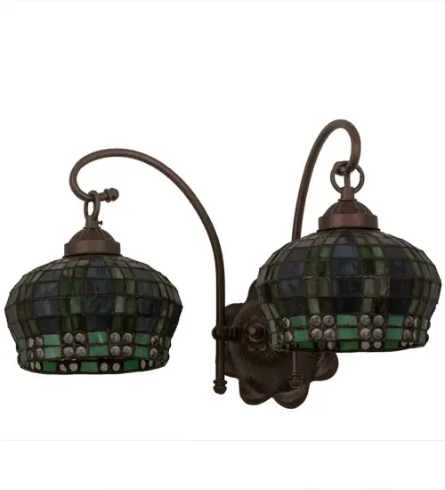 Like a beautiful little basket lantern; this charming globe shaped shade of Amber Mauve and Bronzed Green edged art glass in Clear glass jewels; is suspended from the arm of a wall sconce. The hand crafted Tiffany style shades; created using Meyda's famous copperfoil construction process; is complemented by the hardware which is hand finished in Mahogany Bronze. Custom sizes; styles; colors and dimmable energy efficient lamping options are available. - alternate view
