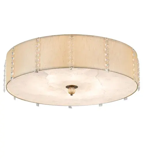 A unique architecturally designed ceiling fixture. Cilindro Lujoso features a Natural Wafer Silk shade with a Statuario Idalight top diffuser and a Yuma Idalight bottom diffuser. The finial is featured in Brass and Gold powder coat finishes. Handmade by highly skilled artisans in our 180;000 square foot manufacturing facility in Yorkville; New York. Custom sizes; styles; and colors are available. UL and cUL listed for dry and damp locations however we do not recommend installing it in spaces that experience a large amount of moisture due to the fabric shade. - alternate view