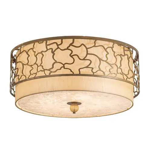 Captivating and textured like the dry desert sand. This mesmerizing artistic design comes to light with the Deserto Seco ceiling fixture. An all-over array of stylized accents represented in Natural Wafer Silk are wrapped around the Yuma Idalight shade which is enhanced with a matching bottom diffuser and a Statuario Idalight on top.The impressive shade is complemented with Brass finished hardware. Handcrafted in our 180;000 manufacturing facility in Yorkville; New York. Available in custom sizes; finishes and styles. Dimmable energy efficient lamping options offered. UL and cUL listed for dry and damp locations. - alternate view