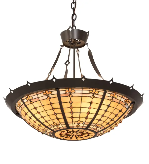 A Meyda Tiffany original design, the round Fleur-de-Lis inverted pendant is an elegant design of Golden stylized three-petaled irises and Amber colored jewels. A stately Medieval hand crafted frame cradles the stained glass shade which is reminiscent of castle and cathedral stained glass. Collection: Fleur-De-Lite Finish: Timeless Bronze Glass: Ba Ha Jp Bai Amber Width: 28.00" Height: 26.00" Length: 28.00" Weight: 20.00 lb Number of Bulbs: 4 Maximum Wattage: 60.00 W Bulb Type: A19 Bulb Base: E26 Light Source: LED Color Temperature: 4000 K Material: Steel Country of Origin: USA Safety Listing: Damp Safety Rating: Damp LED