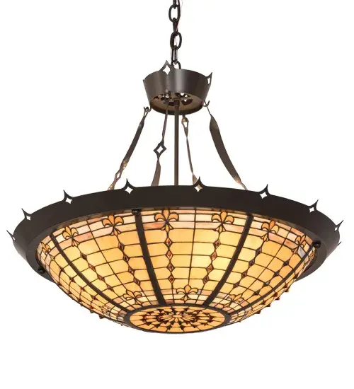 A Meyda Tiffany original design, the round Fleur-de-Lis inverted pendant is an elegant design of Golden stylized three-petaled irises and Amber colored jewels. A stately Medieval hand crafted frame cradles the stained glass shade which is reminiscent of castle and cathedral stained glass. Collection: Fleur-De-Lite Finish: Timeless Bronze Glass: Ba Ha Jp Bai Amber Width: 28.00" Height: 26.00" Length: 28.00" Weight: 20.00 lb Number of Bulbs: 4 Maximum Wattage: 60.00 W Bulb Type: A19 Bulb Base: E26 Light Source: LED Color Temperature: 4000 K Material: Steel Country of Origin: USA Safety Listing: Damp Safety Rating: Damp LED - alternate view