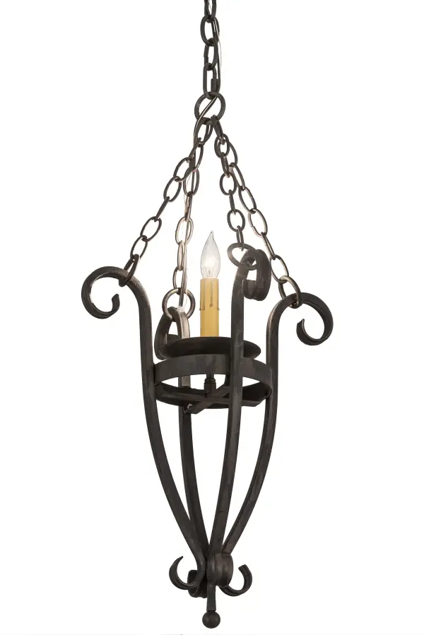 Elegance with a rustic touch. A Wrought Iron finished frame defines this exquisite ceiling pendant. An Ivory faux candlelight illuminates while embraced by a bobeche attached to a sturdy frame with hardware featured in a matching finish. Overall height ranges from 31 to 127 inches as the chain can be easily adjusted in the field. The Costello Pendant is included in our American made; American designed handcrafted Rustic Lighting Collection. Manufactured in Yorkville; New York. UL and cUL listed for dry and damp locations.