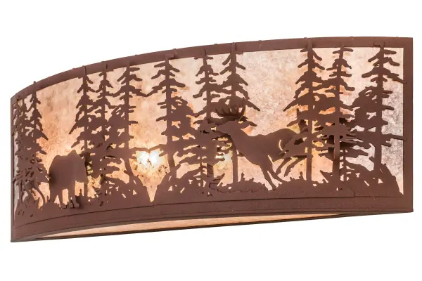 A Bear and a Deer walk through a forest of Tall Pines on this wall sconce handcrafted in the USA by Meyda artisans. This nature inspired fixture is finished in Natural Rust and has a Silver mica panel.