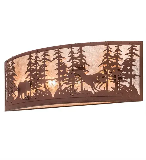 A Bear and a Deer walk through a forest of Tall Pines on this wall sconce handcrafted in the USA by Meyda artisans. This nature inspired fixture is finished in Natural Rust and has a Silver mica panel. - alternate view