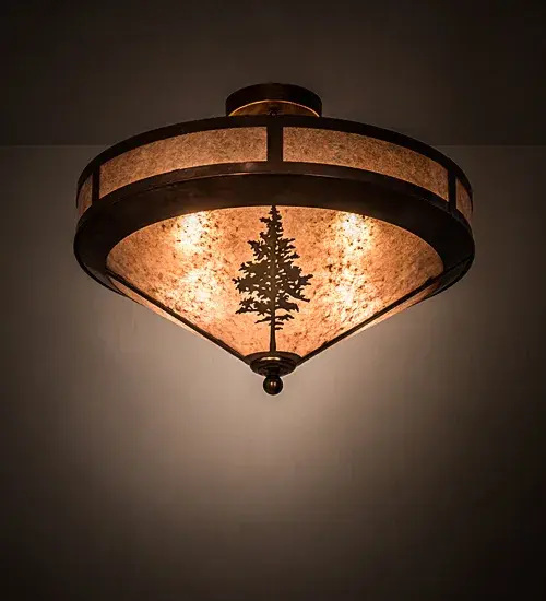 A majestic Tamarack tree is highlighted as the brilliant sun shines in the late morning sky. The Silver Mica diffuser complements decorative accents; frame; and hardware featured in a stunning Vintage Copper finish. Custom crafted by highly skilled artisans; this Craftsman styled ceiling fixture is created in our manufacturing facility at the foothills of the spectacular Adirondack Mountains in Upstate NY. Custom styles; sizes; and colors are available; as well as dimmable lamping options such as LED. The 20-inch wide ceiling fixture is UL and cUL listed for damp and dry locations.
