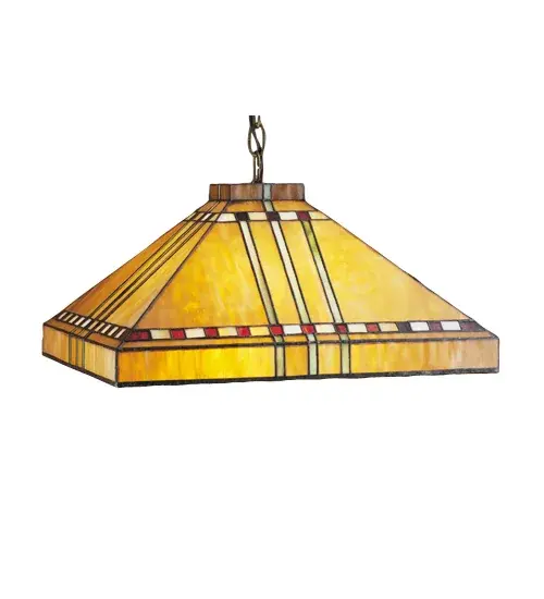 With their love of geometric forms, architects of the Prairie School interpret organic objects into simplified lines. The Meyda Tiffany Prairie Corn pendant shade has rows of Chili Red and Wheat kernels and stalks of Bronzed Jade against a Maize Gold background. The stained glass shade is paired with simple Mission style chain and canopy in a Mahogany Bronze finish. Collection: Prairie Corn Finish: Mahogany Bronze Glass: Stained Glass Width: 17.00" Height: 15.00" Length: 17.00" Weight: 8.00 lb Number of Bulbs: 4 Maximum Wattage: 60.00 W Bulb Type: A19 Bulb Base: E26 Material: Steel Country of Origin: CHINA Safety Listing: Damp Safety Rating: Damp
