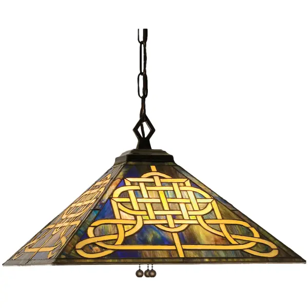 Like a fire opal, the multi hued glass used to create the Knotwork Mission pendant vibrates with swirled jewel tones of Jade, Amber and touches of Ruby and Cobalt that are unique in every panel, and in every light source. The elegant interlocking knot of Amber Gold is the highlight of this fixture. The hardware is hand finished in Mahogany Bronze. Collection: Knotwork Mission Finish: Mahogany Bronze Glass: Pbag Ha Width: 17.00" Height: 15.00" Length: 17.00" Weight: 7.00 lb Number of Bulbs: 4 Maximum Wattage: 60.00 W Bulb Type: A19 Bulb Base: E26 Material: Steel Country of Origin: CHINA Safety Listing: Dry Safety Rating: Dry