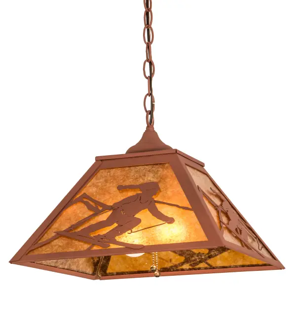 Skiers gliding down various trails on the slopes are featured in this compelling art glass design, which features ambient lighting diffused beautifully through an Amber Mica lens. This ceiling pendant is enhanced by a frame and hardware featuring a Rust finish. The fixture is perfect for illuminating corridors and dining areas in residential, restaurant, and lodge settings. The fixture is handcrafted in our manufacturing facility in the foothills of the Adirondack Mountains, not far from Lake Placid, New York, home of the 1932 and 1980 Winter Olympics. The overall height ranges from 15 to 45 inches as the chain easily adjusts in the field to meet your specifications. The Alpine Pendant is included in our American-made, American-designed, handcrafted Alpine Lighting Collection and manufactured in Yorkville, New York. UL and cUL listed for dry and damp locations. Collection: Alpine Finish: Rust Glass: Amber Mica Width: 22.00" Height: 15.00" Length: 15.75" Weight: 7.00 lb Extension from Wall: 1.50" Number of Bulbs: 2 Maximum Wattage: 60.00 W Bulb Type: A19 Bulb Base: E26 Material: Steel Country of Origin: USA Safety Listing: Damp Safety Rating: Damp