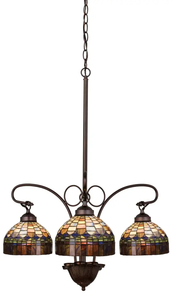 In the early 20th century; Tiffany Studios used it's artful mastery to develop the look of a woven fabric with a fringed skirt from art glass. Meyda Tiffany has recreated this shade with Amber Plum glass fringe suspended from a domed brickwork of Emerald; Cobalt and Ruby tinted Honey glass. Hand cut and copper foiled glass pieces make up this stately three light chandelier with Mahogany Bronze finish.