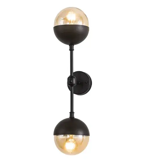 Bold, eye-catching appeal integrates two classic contoured orbs in a vertical configuration for luxurious distinction. This innovative wall luminaire features Smoke Glass shades embraced with decorative accents in a Solar Black finish. Mounts vertically or horizontally for various applications and aesthetics. Handcrafted by master artisans in our 180,000 square foot manufacturing facility in Yorkville, New York. Fixture designs, metal finishes and sizes can be customized to meet your needs. UL and cUL listed for damp and dry locations. Collection: Bola Finish: Solar Black Glass: Smoke Glass Width: 6.00" Height: 24.00" Length: 8.50" Weight: 5.00 lb Extension from Wall: 8.50" Number of Bulbs: 2 Maximum Wattage: 40.00 W Bulb Type: E26 Bulb Base: E26 Material: Steel Country of Origin: USA Safety Listing: Damp Safety Rating: Damp - alternate view